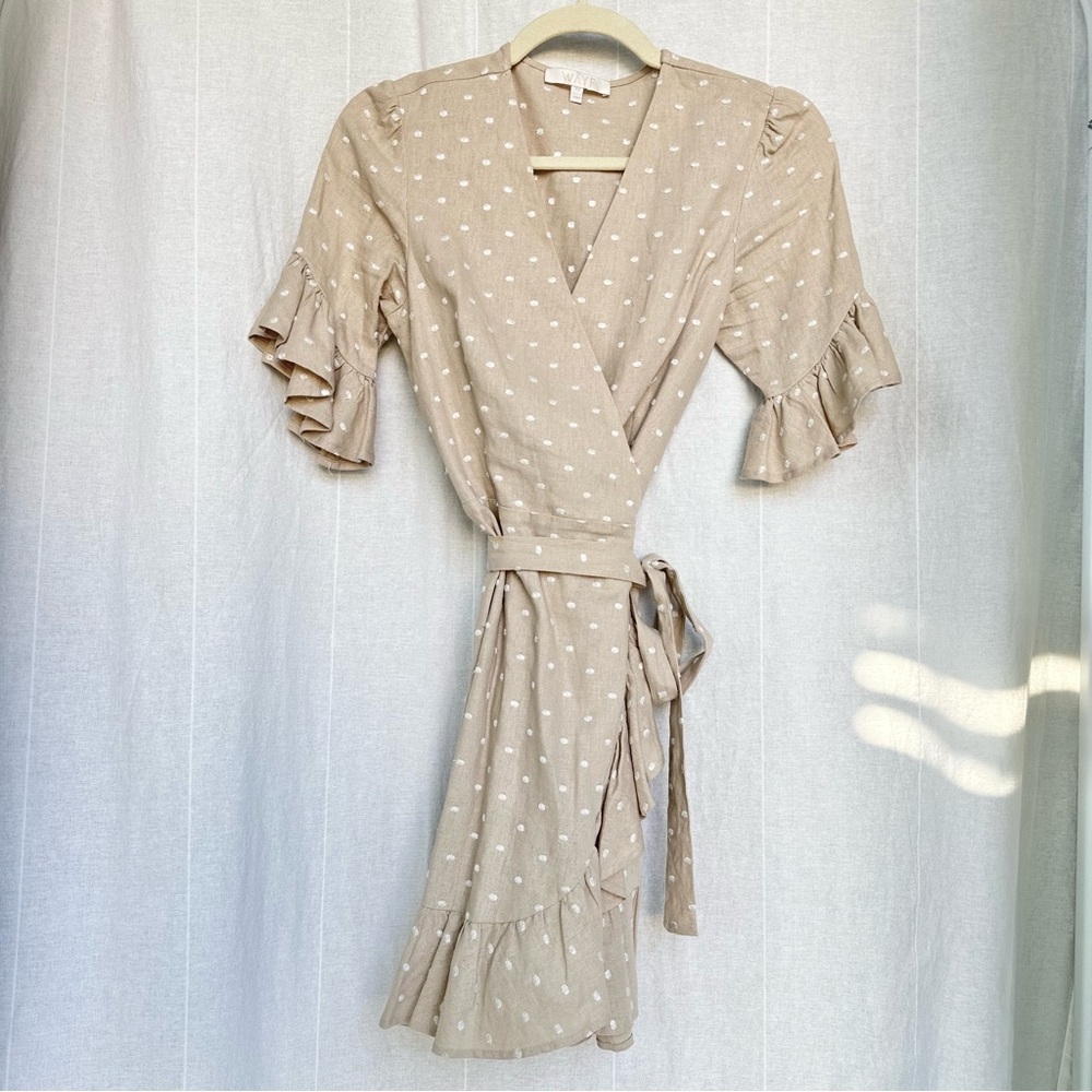 WAYF wrap dress. Ruffle sleeves.. Tan with white polka dots. Size XS. Worn once.